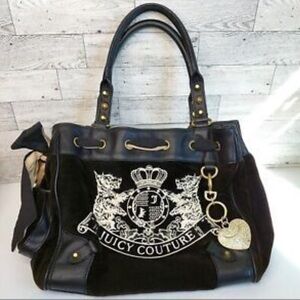 Juicy Couture VINTAGE OG Black Velvet Crest Tote with Gold Heart Charm